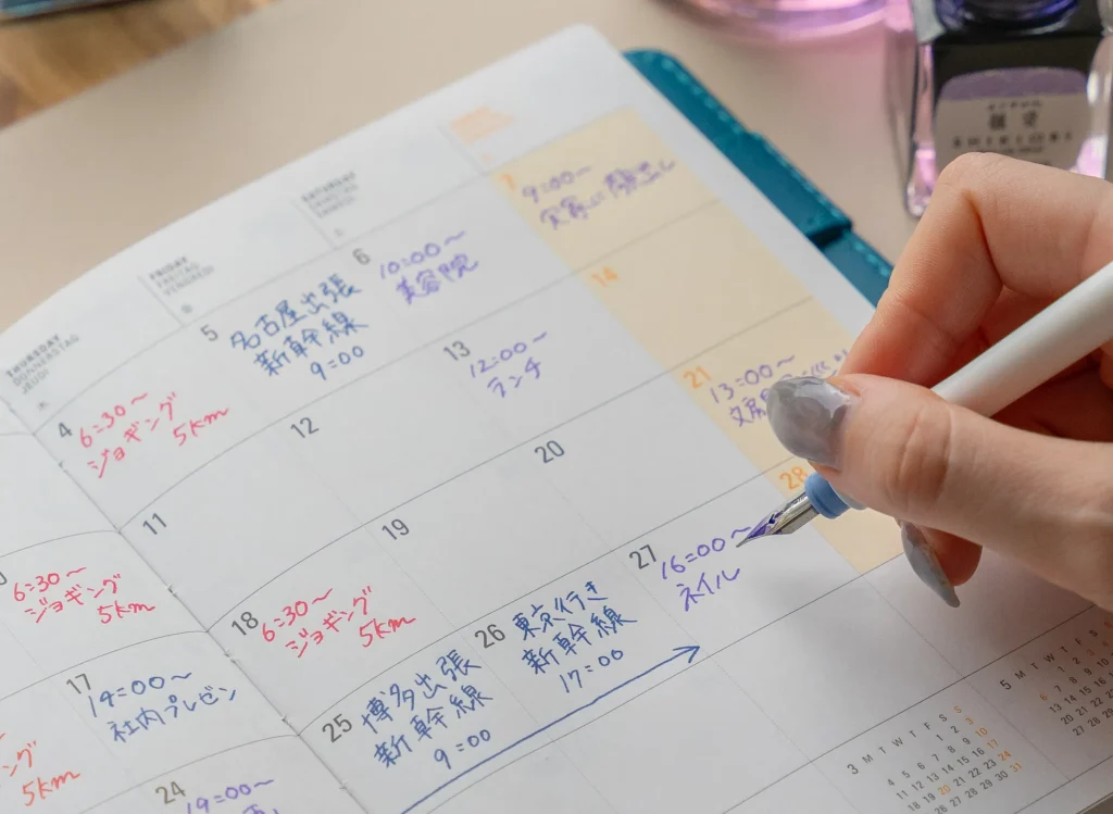 複数の色を組み合わせて手帳を書いている様子
