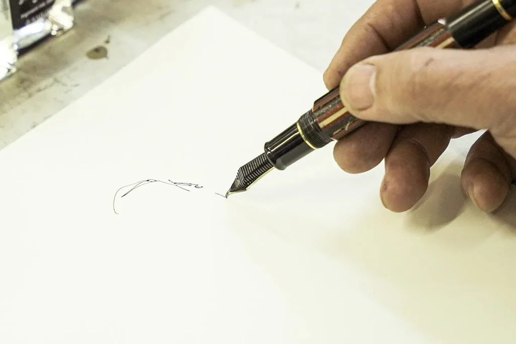 万年筆で様々な太さの線を描いている様子