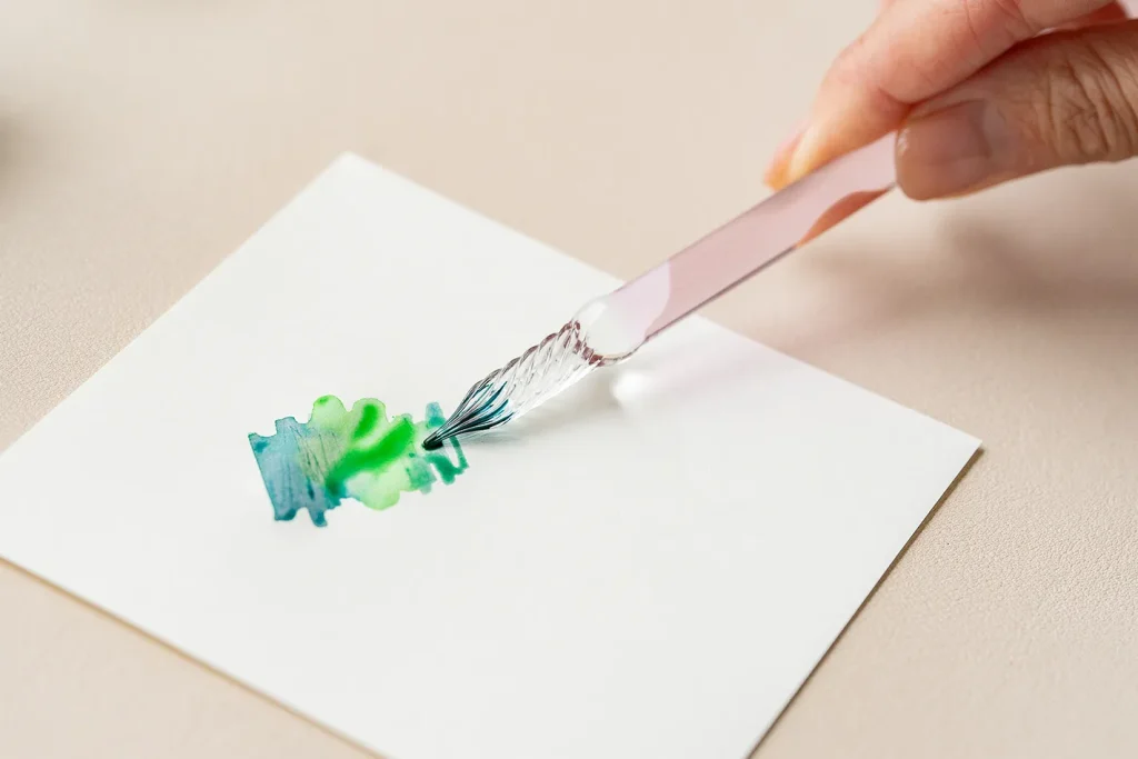 ガラスペンを寝かせて書いている様子